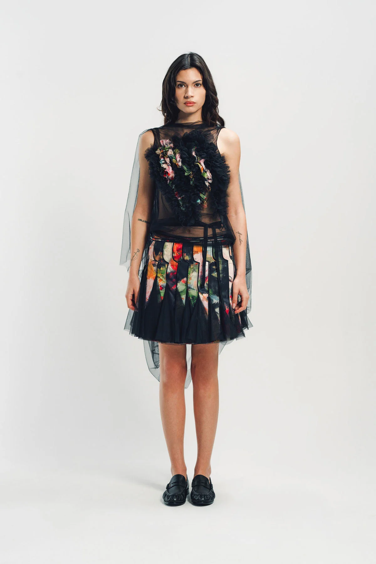 CAROLINE HU | PRINTED RUFFLE TULLE TOP