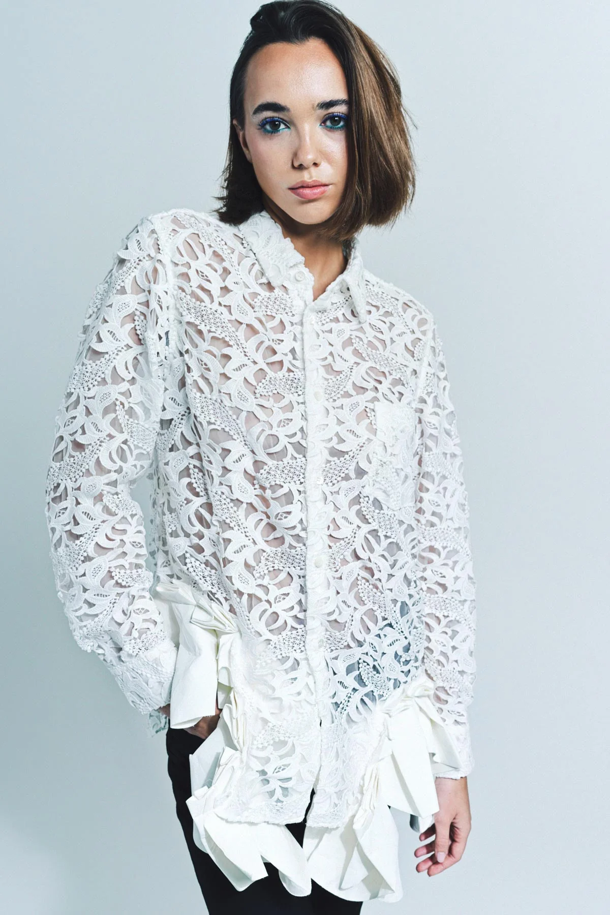COMME DES GARCONS | LACE & FAUX LEATHER LONG SLEEVE SHIRT - Image 2
