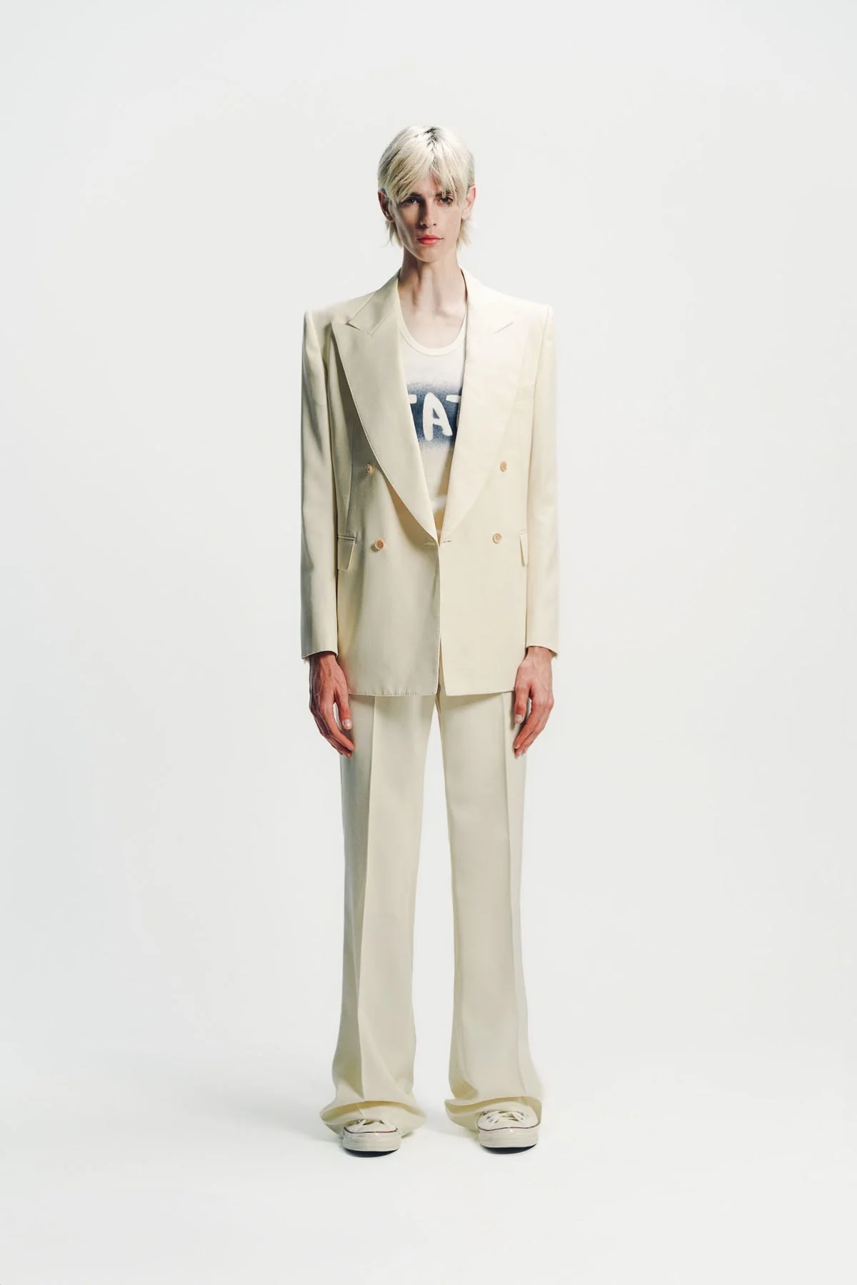 Kyosuke Kunimoto | Baggy Ivory Flat Front Flare Pants