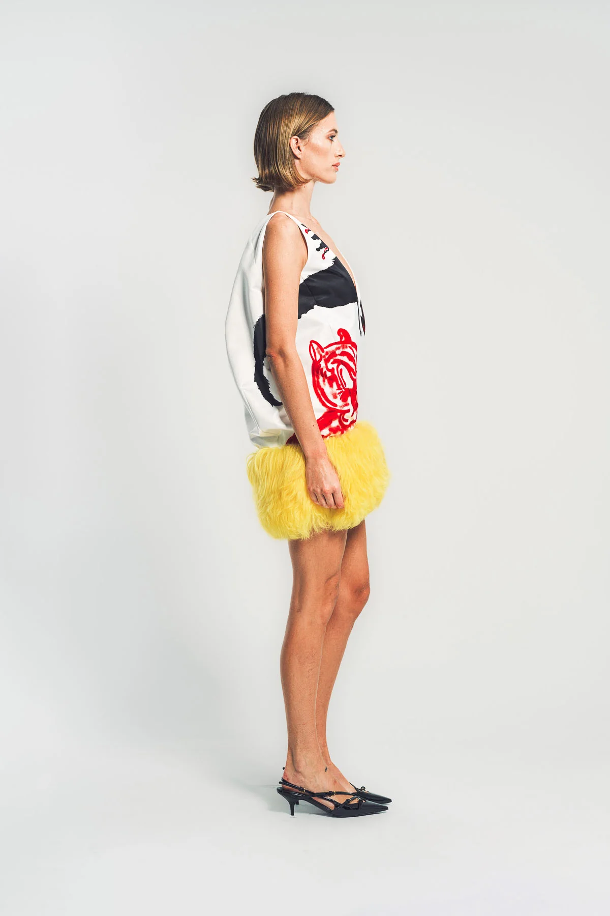 MARNI | WHITE SATIN MINI DRESS WITH FUR HEM - Image 3
