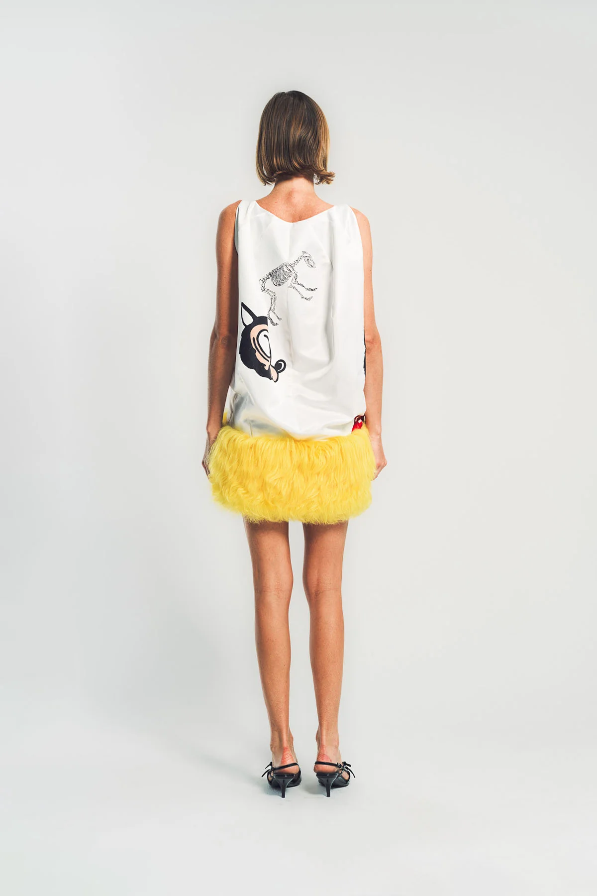 MARNI | WHITE SATIN MINI DRESS WITH FUR HEM - Image 4