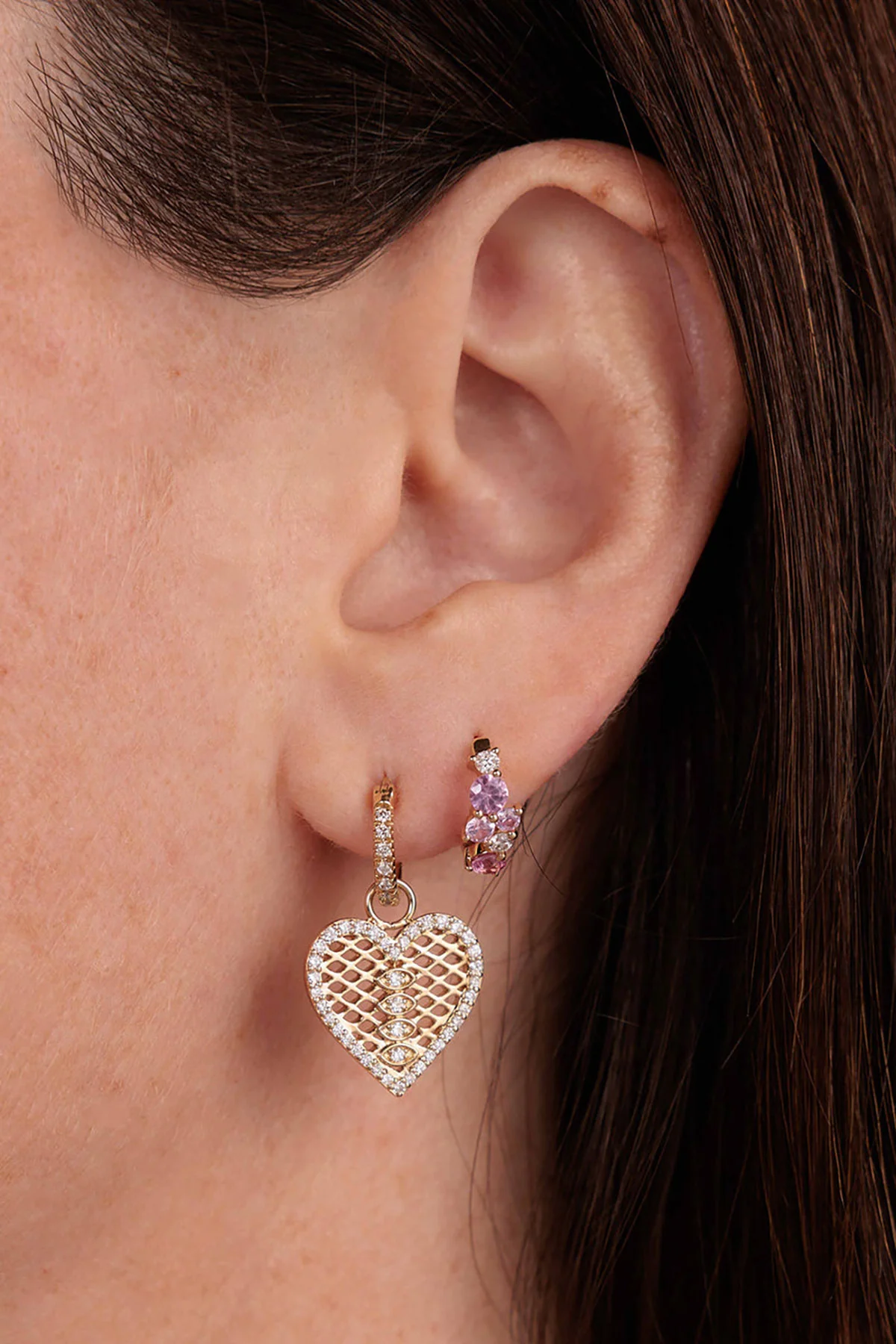 Sydney Evan | Yellow Gold Pink Sapphire Cocktail Huggie Earrings - Image 2