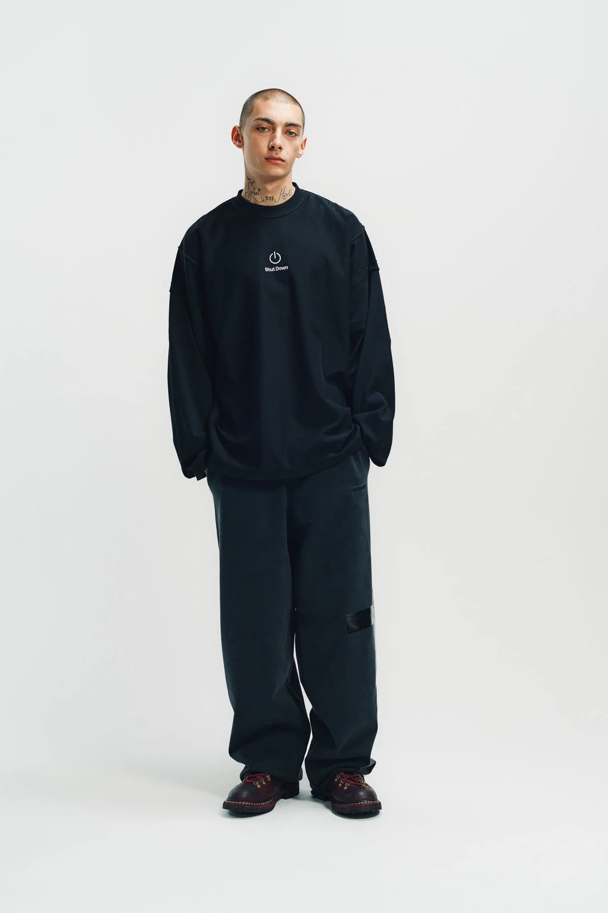 VETEMENTS | 'SHUT DOWN' EMBROIDERED REWORK LONG SLEEVE SHIRT